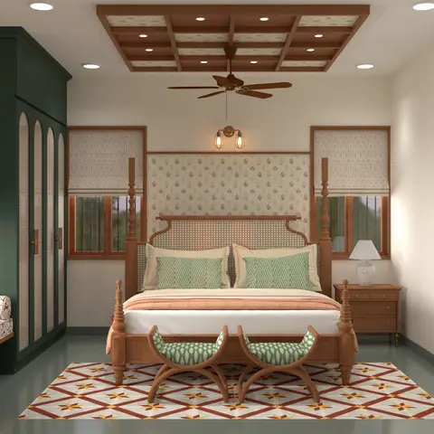 A traditional bedroom with a wood four-poster bed, coffered wood ceiling, and a forest-green arched-panel wardrobe beside a floral window seat.