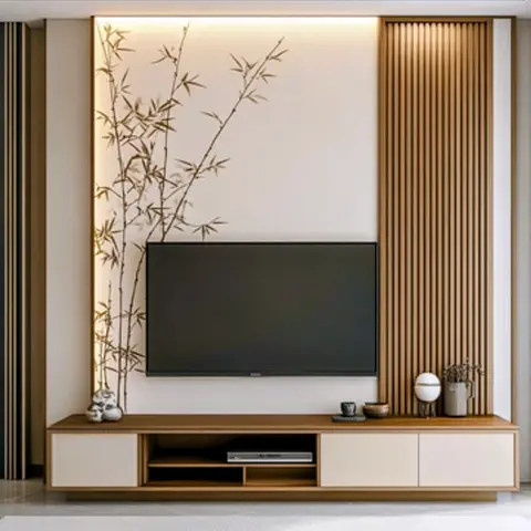 A TV feature wall with a backlit niche showing a painted bamboo branch mural beside vertical fluted wood panelling