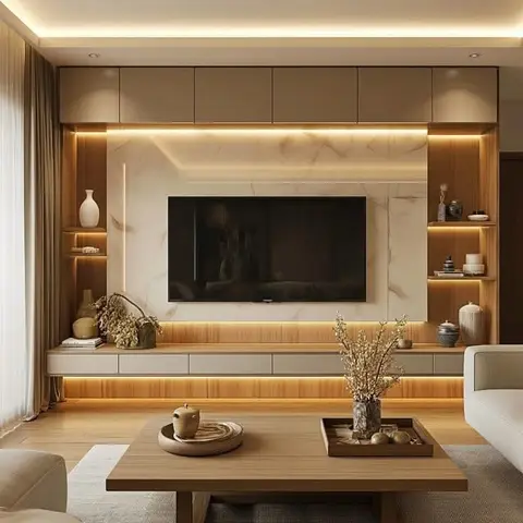 A TV feature wall with backlit marble cladding, floating wood cabinetry and a styled console of ceramics and dried branches.