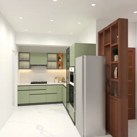 A U-shaped kitchen with sage green matte cabinets, a white quartz countertop, a built-in oven tower