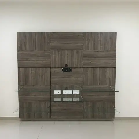 A walnut-toned wall-panel TV unit with glass display shelves and concealed wiring points, on an otherwise bare living-room wall.