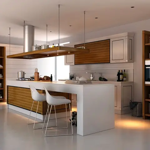 A white-and-wood kitchen island with a waterfall countertop and pendant hood faces open wood shelving with double built-in ovens and a side-by-side fridge.