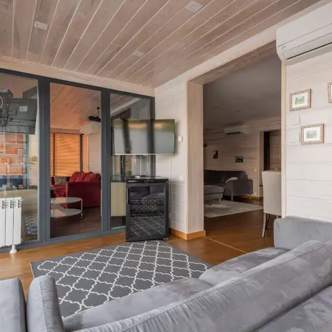 A wood-clad living room with a grey sofa on a diamond-pattern rug, glass sliding doors to a glazed sunroom
