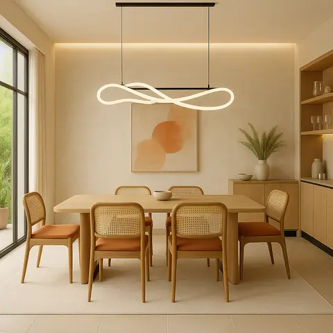 A wood dining table with cane-back chairs and terracotta cushions sits beneath a sculptural infinity pendant light, facing an open-shelf wood sideboard.