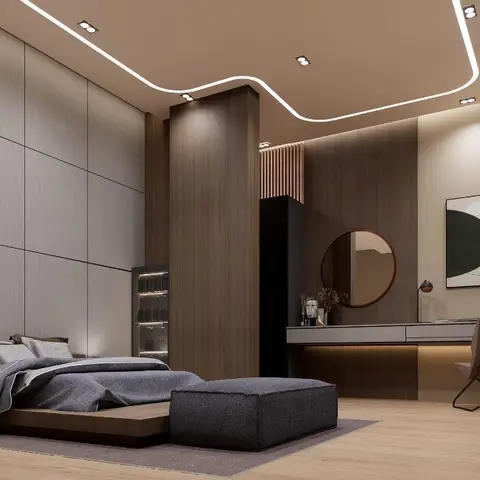 A wood-panelled bedroom with a floating platform bed, a round mirror over a built-in dressing table