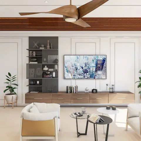 A wood-slat ceiling with a matching wooden fan frames a panelled TV wall flanked by an open display shelf and a long floating wood console.