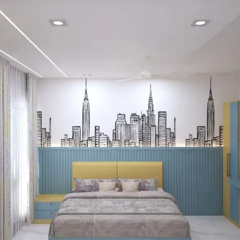 A yellow-and-teal bedroom where a hand-drawn city skyline runs across the wall above a teal fluted dado