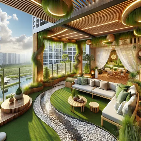 AI render of an apartment terrace done as a garden: artificial turf split by a white pebble runnel, an L-shaped outdoor sofa under a wooden slat pergola