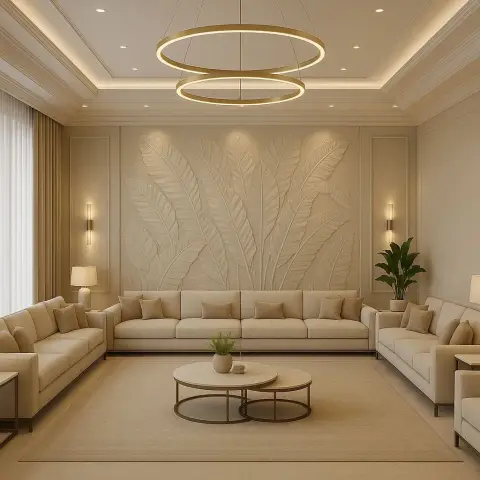 All-beige formal living room render with a carved banana-leaf relief filling the back wall, three matching cream sofas set around twin round travertine tables