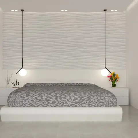 All-white bedroom render with a rippled 3D wave panel covering the headboard wall, a low platform bed in a grey zigzag throw
