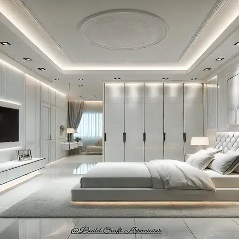 All-white bedroom with an ornate medallion POP false ceiling, fluted wall panelling, a glossy white floor-to-ceiling wardrobe wall