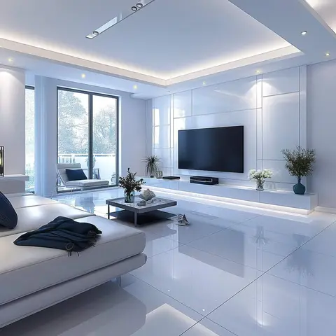 All-white glossy living room with a floating TV console, ceiling cove lighting, and a balcony lounger visible through floor-to-ceiling glass.