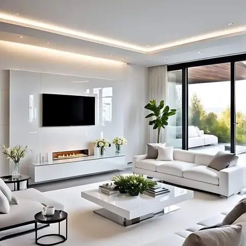 All-white living room with a glossy built-in TV and linear-fireplace wall unit, floor-to-ceiling glass doors opening to a balcony view, and a plush white rug.
