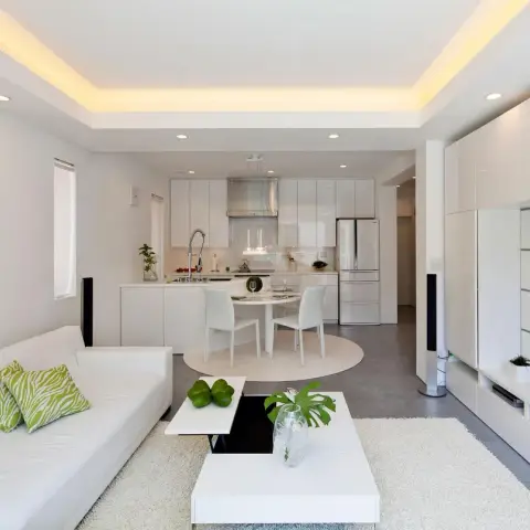 All-white open-plan floor where a leather sofa with lime zebra-print cushions and two stacked white coffee tables sit on a shaggy rug