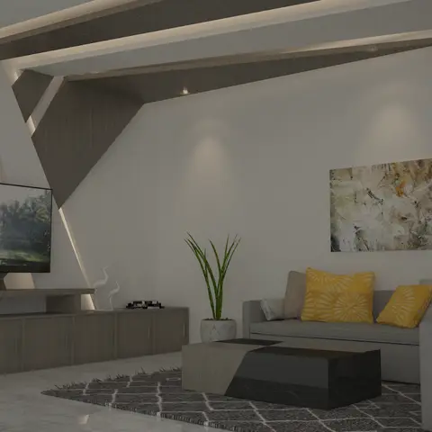 An angular wood-and-POP false ceiling feature cuts diagonally over a wall-mounted TV unit