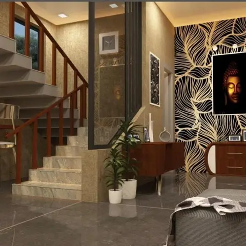 An entrance foyer with a gold leaf-pattern wallpaper feature wall showcasing a backlit Buddha portrait, a walnut console table