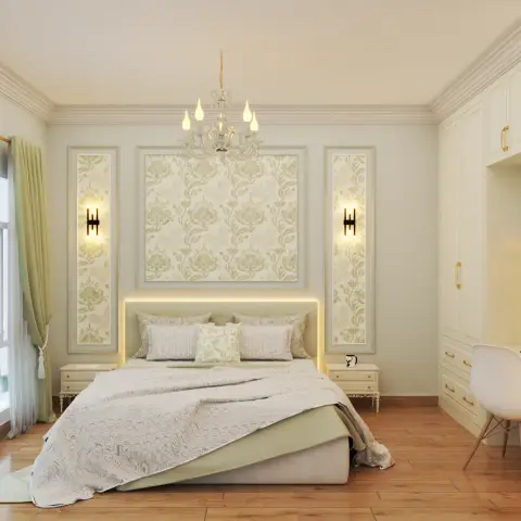 An ivory-and-sage bedroom with sage damask wallpaper set inside three moulded wall frames