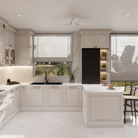 An ivory classical kitchen with carved cornice and a scalloped arch over the hob, a black roller-shutter tall unit beside lit open niches of plants