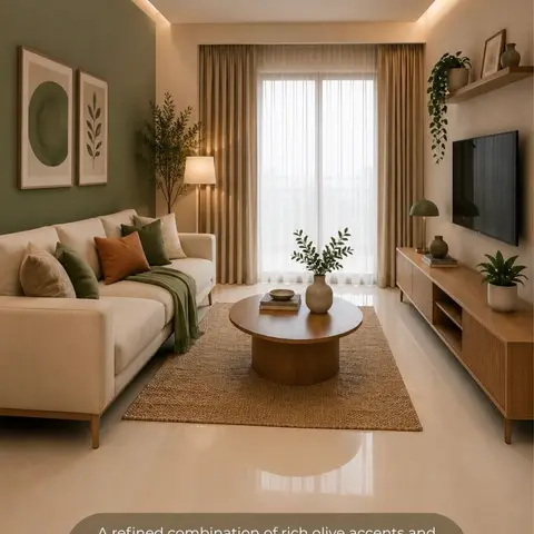 An olive-green accent wall with framed botanical art frames a beige sofa with olive and rust cushions