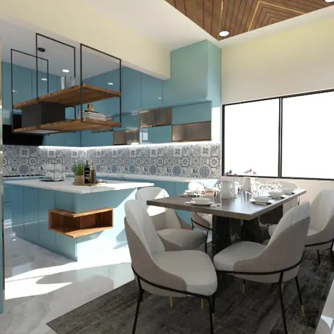 An open kitchen-dining space with glossy teal cabinetry and a patterned tile backsplash