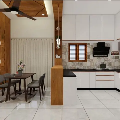 An open-plan kitchen and dining area with a patterned tile backsplash, black granite counters, a honeycomb-mirror partition wall