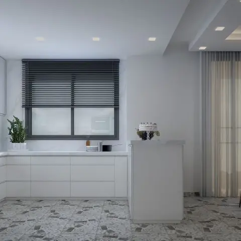 An open-plan render showing a white kitchen with terrazzo flooring beside a dining area with wishbone chairs, both visible in one continuous frame.