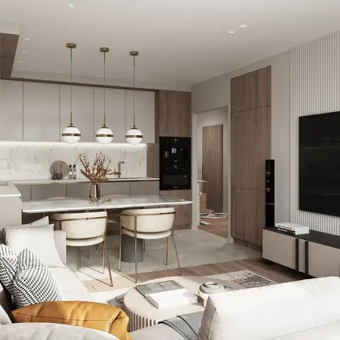 An open-plan render showing a marble-backsplash kitchen island with three gold pendant lights, a dining nook
