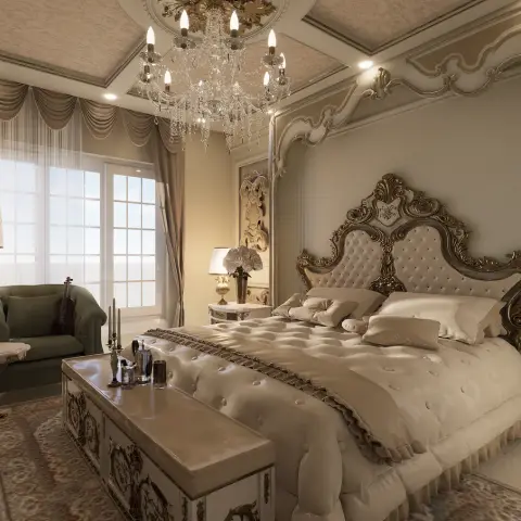 An ornate baroque-style primary bedroom with a crystal chandelier, a gilt-carved tufted headboard, and a matching tufted storage bench at the foot of the bed.