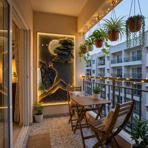 Apartment balcony at dusk with a backlit 3D mountain-relief wall mural, hanging potted plants on the overhead rail, string lights