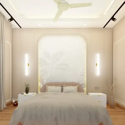 Arched niche papered with a pale tropical-leaf mural behind a blush upholstered headboard