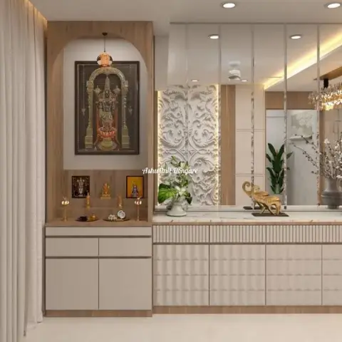 Arched pooja niche framed in light oak with a Balaji print and brass lamps on its ledge