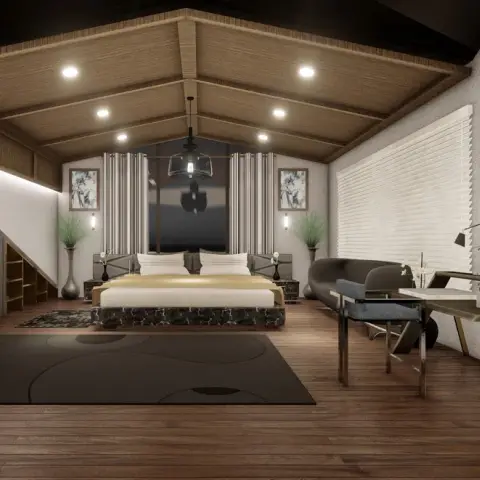 Attic bedroom render under a pitched timber ceiling with exposed rafters and recessed spots