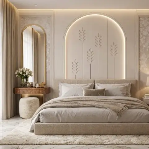 Backlit arched niche carved with wheat-stalk reliefs sitting over the bed, flanked by pale tonal floral wallpaper panels