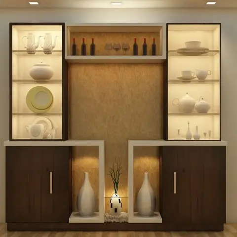 Backlit crockery and bar display unit with glass-fronted cabinets on either side of an open wine shelf
