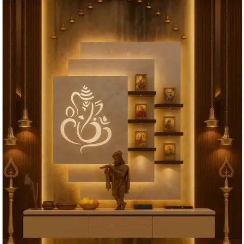 Backlit pooja unit with a carved Ganesha silhouette panel, layered stone niches holding deity frames, a brass idol