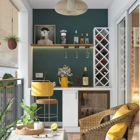 Balcony bar corner rendered against a deep teal wall: a white counter with a diamond-lattice wine rack and a lit glass cabinet below