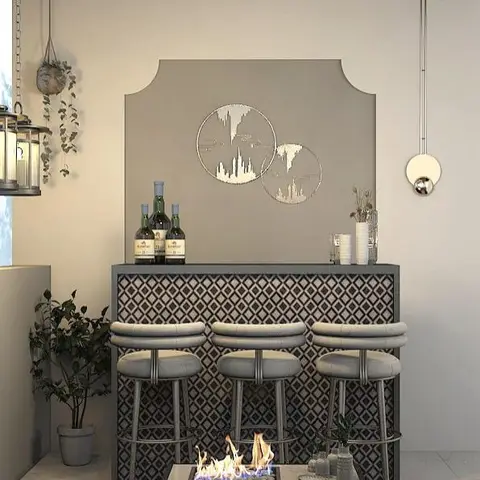 Balcony lounge nook with a black-and-white diamond-tile bar counter, upholstered swivel stools, a wood slat ceiling