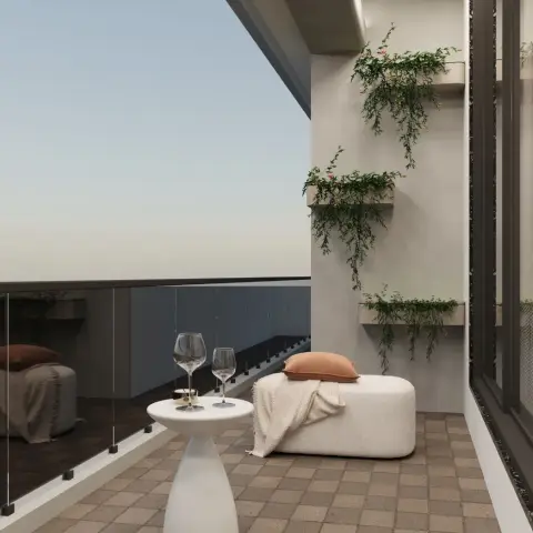 Balcony render with a frameless glass railing, a cream bouclé bench under three staggered planter ledges of trailing flowering creeper