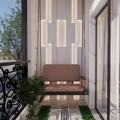 Balcony with a hanging swing bench against a backlit fluted panel wall and wood-clad ceiling, patterned tile floor inlaid with grass strips.