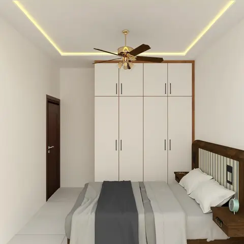 Bare bedroom render with a four-shutter cream wardrobe and loft trimmed in walnut