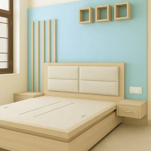 Bare render of a light-oak laminate platform bed with attached floating side tables