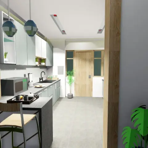 Basic render of a narrow parallel kitchen in sage-grey and white shutters, closed at the near end by a grey stone breakfast counter with two steel-frame bar