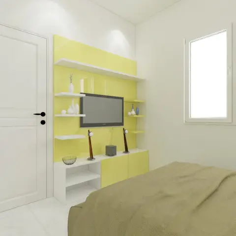Basic render of a small bedroom whose only joinery is a lemon-yellow gloss TV panel with staggered white shelves and low cabinets