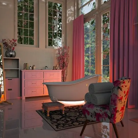 Bathroom render with a slipper-style freestanding tub beneath tall arched windows dressed in coral velvet curtains