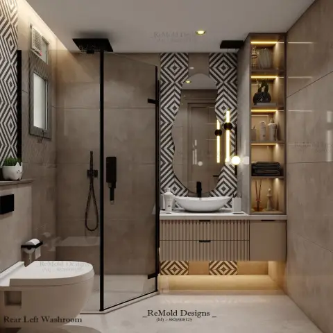 Bathroom with a black-and-taupe geometric tile wall behind an organic-shaped mirror, a fluted vanity front, and black-framed glass shower partition.