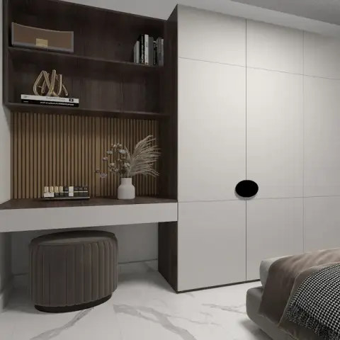 Bedroom corner where a wall-hung white dressing desk with a dark wood top sits under a fluted wood back panel and two dark open shelves
