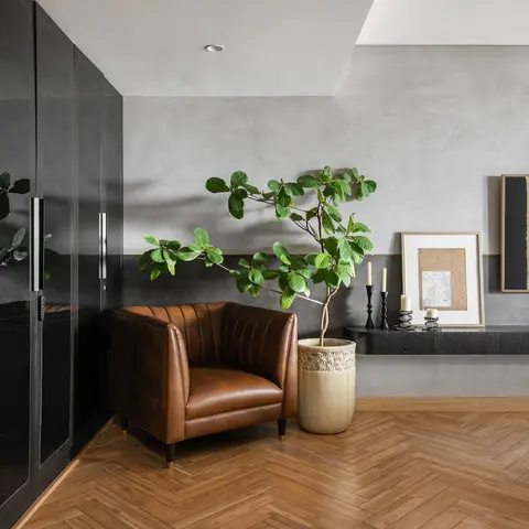 Bedroom corner with a tan leather channel-back armchair beside a large potted fig tree, a herringbone wood floor, textured concrete-look walls