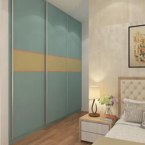 Bedroom corner with a three-shutter sliding wardrobe in dusty teal cut by a mustard band edged in coral