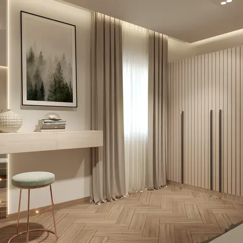 Bedroom dressing nook with a fluted wood wardrobe, herringbone wood-look flooring, a mirrored console with a framed forest print