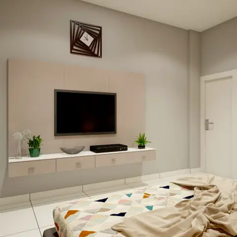 Bedroom render facing the TV wall: a beige laminate back panel with the screen centred on it